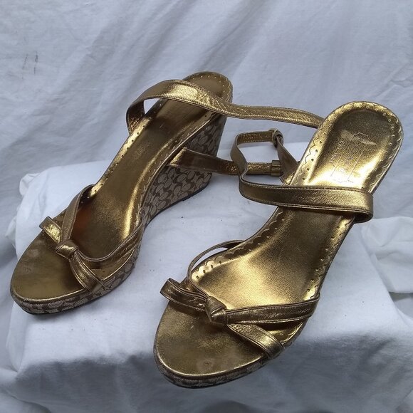 Coach Women's Wedge Platform Sandals Signature Logo Brown Gold Size 11 B Good - Picture 2 of 10